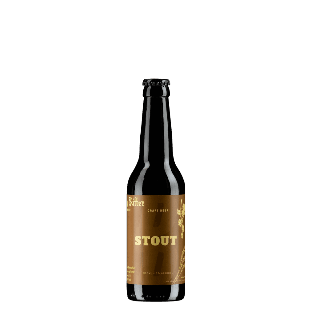Craft-Bier Flasche mit "Stout" Aufdruck, dunkles Bier, handgemacht, von Weingut Vulgo Ritter, hochwertige Getränkebranche, perfekt für Wein- und Bierliebhaber, regionale Spezialität, ideal für Genießer und Events.
