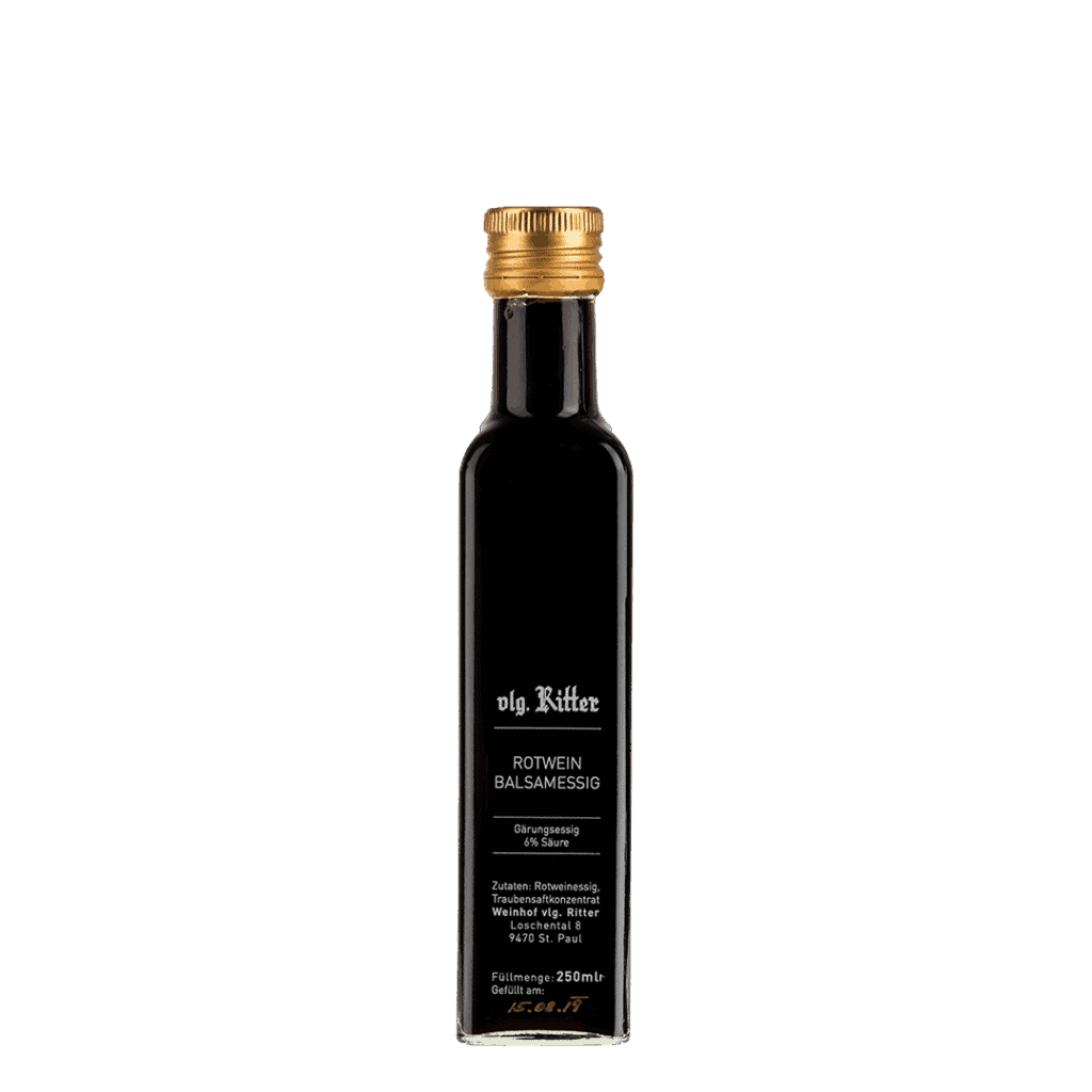 Rotweinessig Flasche vom Weingut vulgo Ritter, handgefertigter Balsamessig aus Trauben, ideal für Weinliebhaber, perfekt für die kulinarische Verwendung, hochwertiges Produkt aus dem Weingut vulgo Ritter.