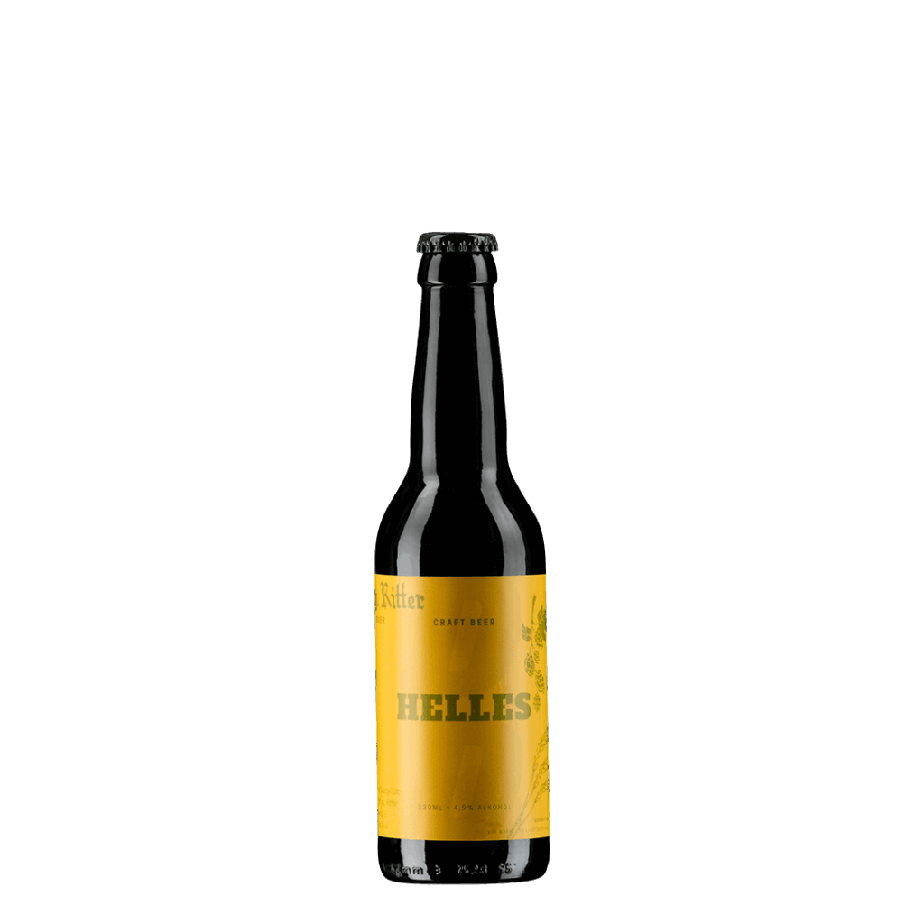 CRAFT-BIER Helles mit schwarzer Flasche und gelbem Etikett, passend für Wein- und Bierliebhaber, hergestellt vom Weingut vulgo Ritter in Österreich.