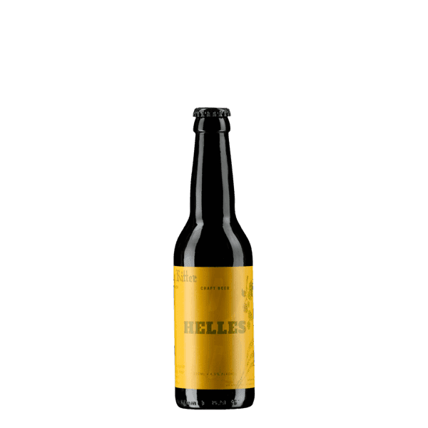 CRAFT-BIER Helles mit schwarzer Flasche und gelbem Etikett, passend für Wein- und Bierliebhaber, hergestellt vom Weingut vulgo Ritter in Österreich.
